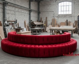 Большой круглый диван красного цвета