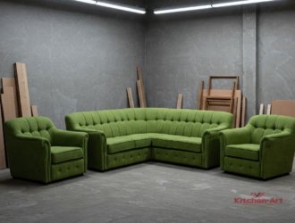 угловой зеленый диван с креслами