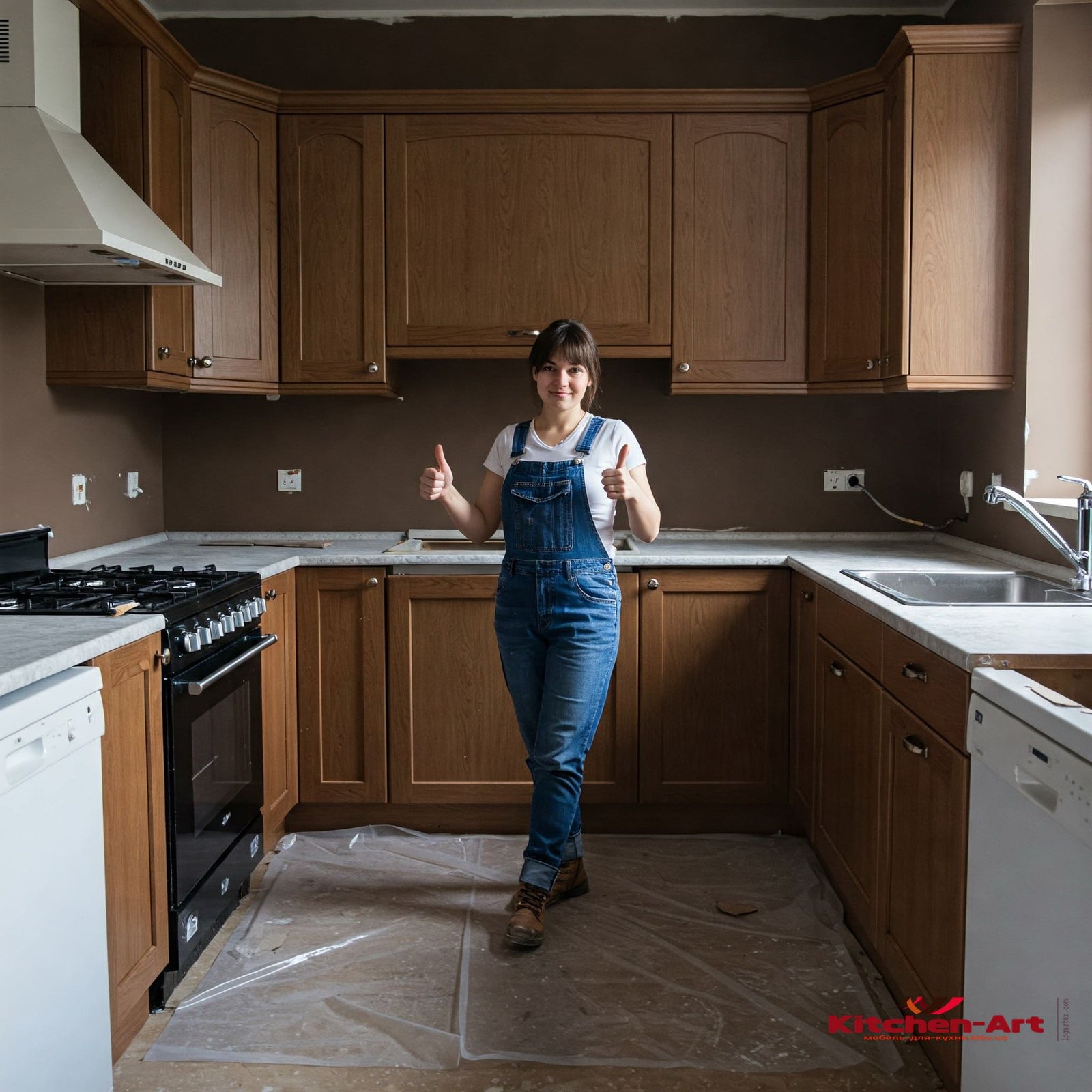 Угловая П-образная кухня с деревянными фасадами